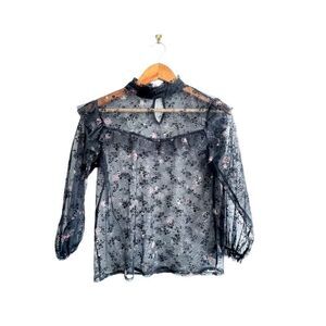 Suzy Shier Floral Blouse Sheer Black Flocked Ruffled Elastic Cuff Women's S